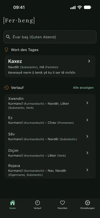 Rûpela destpêkê ya sepanê bi peyva rojê û peyvên dawî