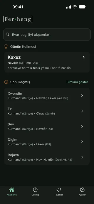 Uygulamanın ana ekranı: günün kelimesi ve geçmiş